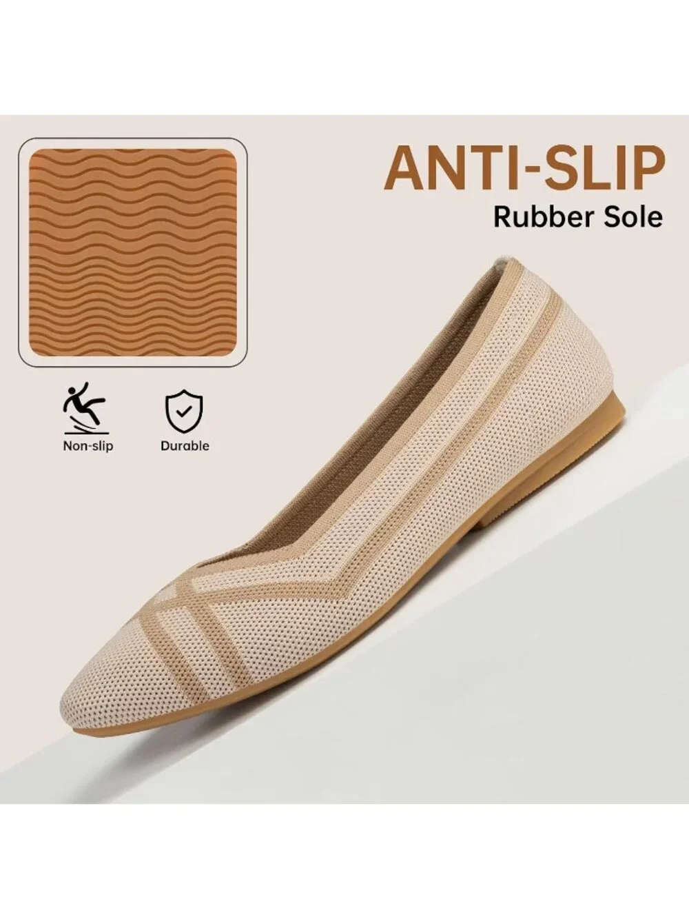 Frank Mully Women's Beige Rubber Knitted Square Toe Comfortable Slip On Flats
